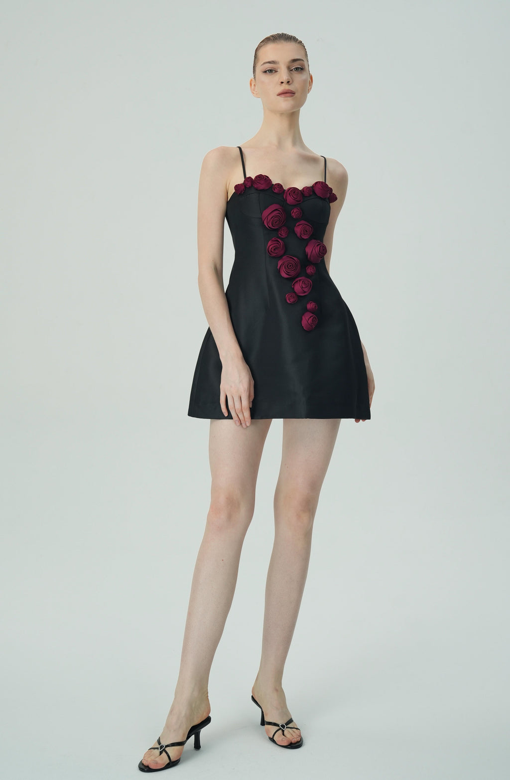 Flowering Girl Women Elegant Burgundy 3D Floral Black Satin Mini Dress