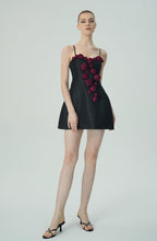 Flowering Girl Women Elegant Burgundy 3D Floral Black Satin Mini Dress