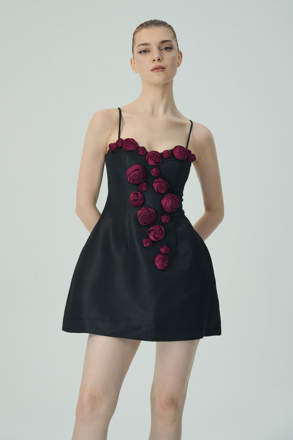 Flowering Girl Women Elegant Burgundy 3D Floral Black Satin Mini Dress