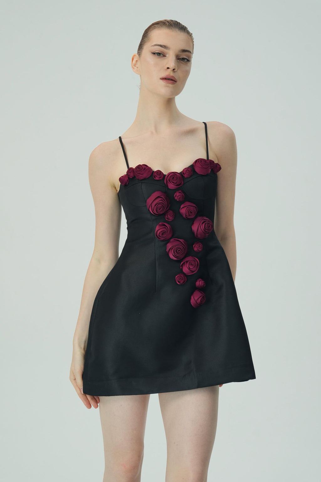 Flowering Girl Women Elegant Burgundy 3D Floral Black Satin Mini Dress