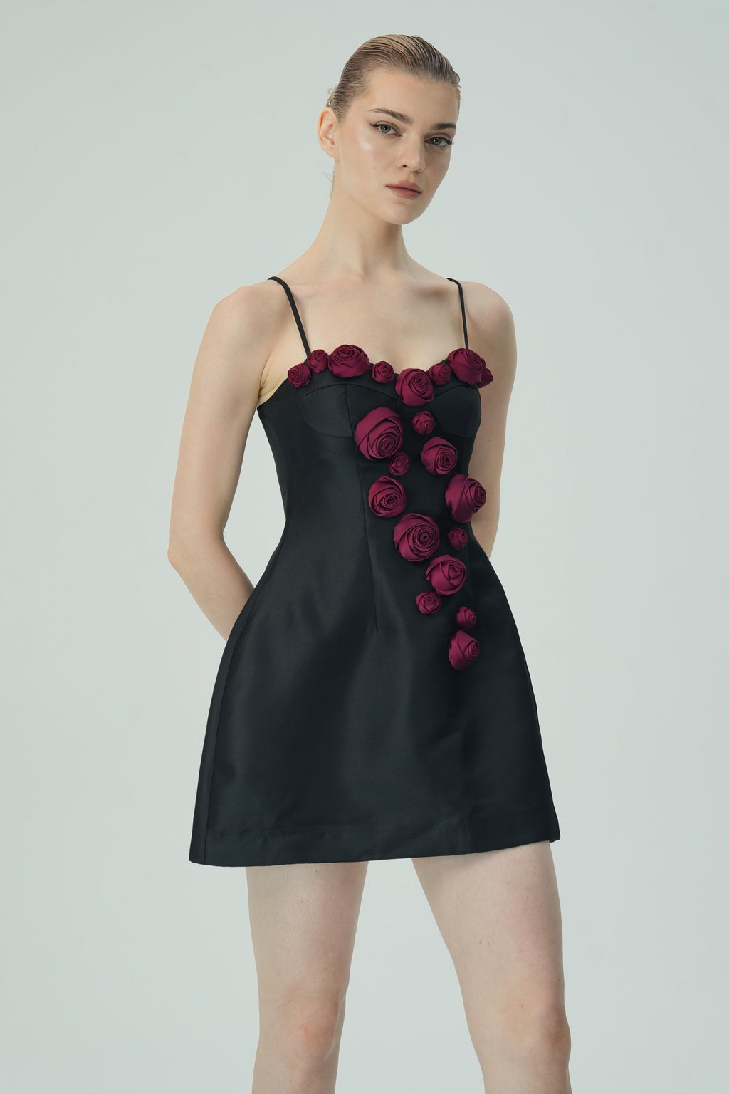 Flowering Girl Women Elegant Burgundy 3D Floral Black Satin Mini Dress