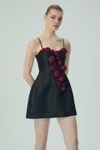 Flowering Girl Women Elegant Burgundy 3D Floral Black Satin Mini Dress