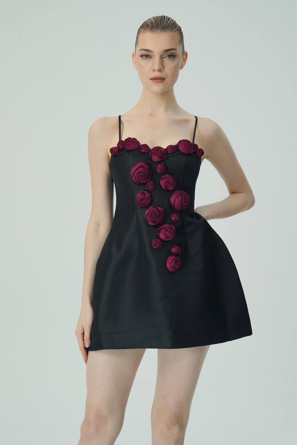 Flowering Girl Women Elegant Burgundy 3D Floral Black Satin Mini Dress