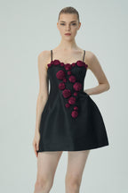 Flowering Girl Women Elegant Burgundy 3D Floral Black Satin Mini Dress