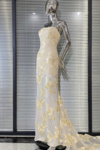 Flowering Girl Women Embroidered Strapless Gown In Apricot