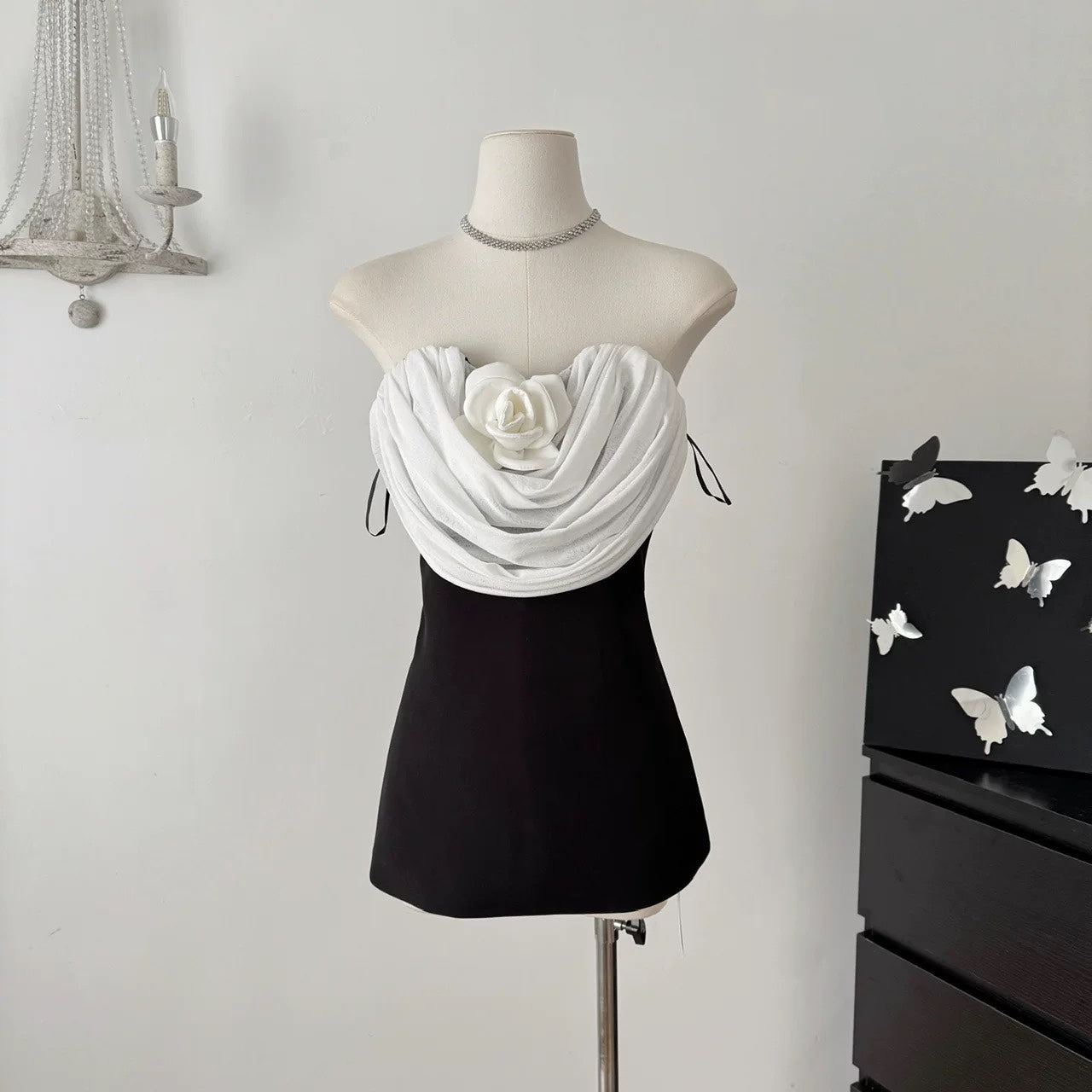 Flowering Girl Women verna flower embellished strapless mini dress in black