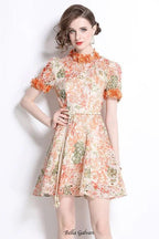 Flowering Girl Women Embroidered hollow floral puff sleeves mini dress