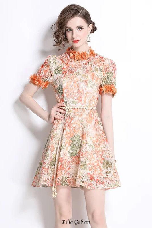 Flowering Girl Women Embroidered hollow floral puff sleeves mini dress