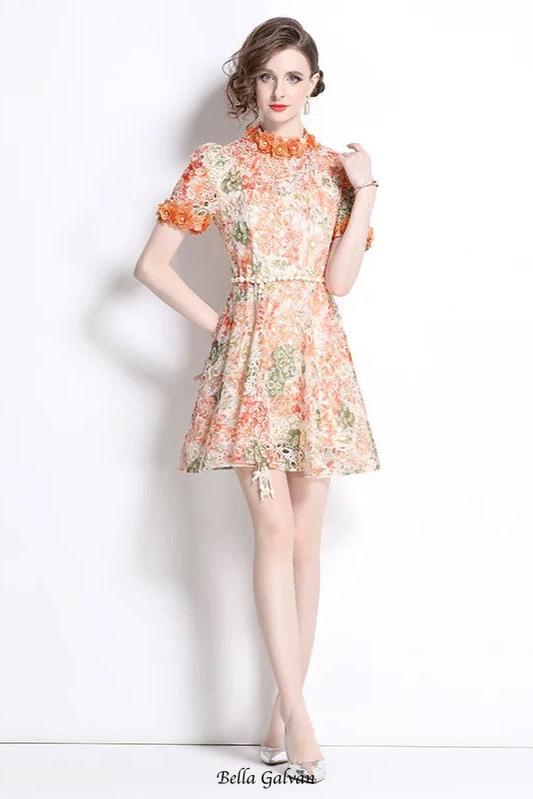 Flowering Girl Women Embroidered hollow floral puff sleeves mini dress