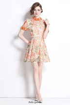 Flowering Girl Women Embroidered hollow floral puff sleeves mini dress