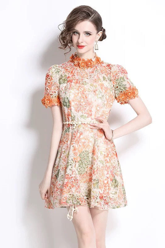 Flowering Girl Women Embroidered hollow floral puff sleeves mini dress