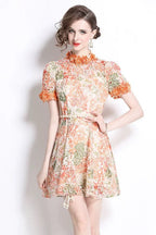 Flowering Girl Women Embroidered hollow floral puff sleeves mini dress