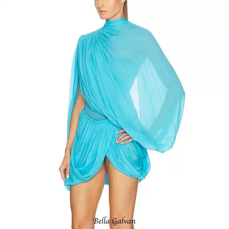 Flowering Girl Women susanna Long Sleeve Fold Splice Mini Dress in blue