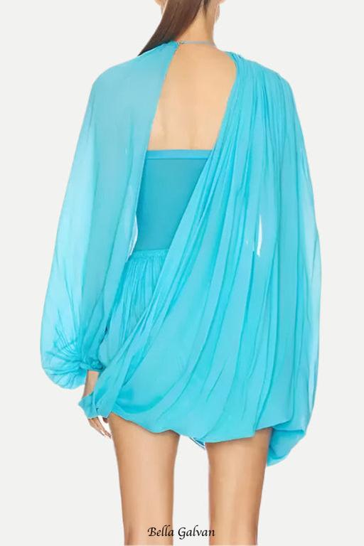 Flowering Girl Women susanna Long Sleeve Fold Splice Mini Dress in blue