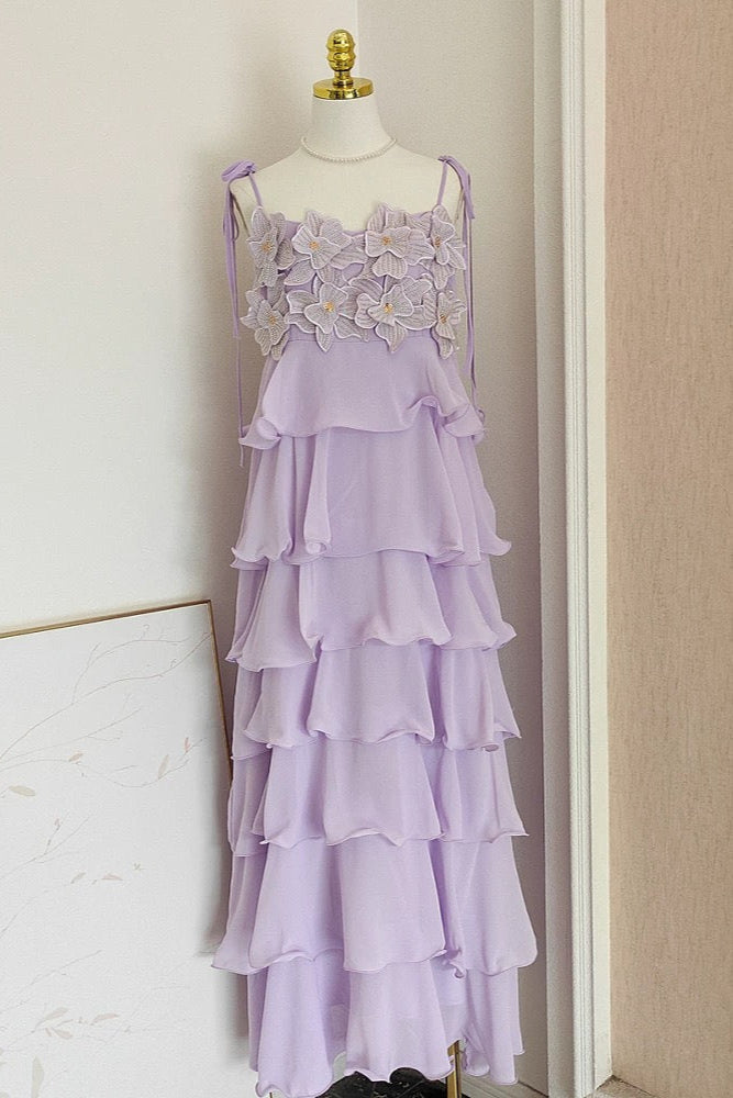 stacey sequined 3d-petal tiered maxi dress in purple