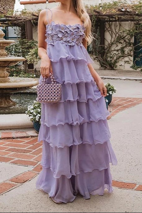 Flowering Girl Women stacey sequined 3d-petal tiered maxi dress in purple