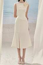 alani flower slim split midi dress in apricot