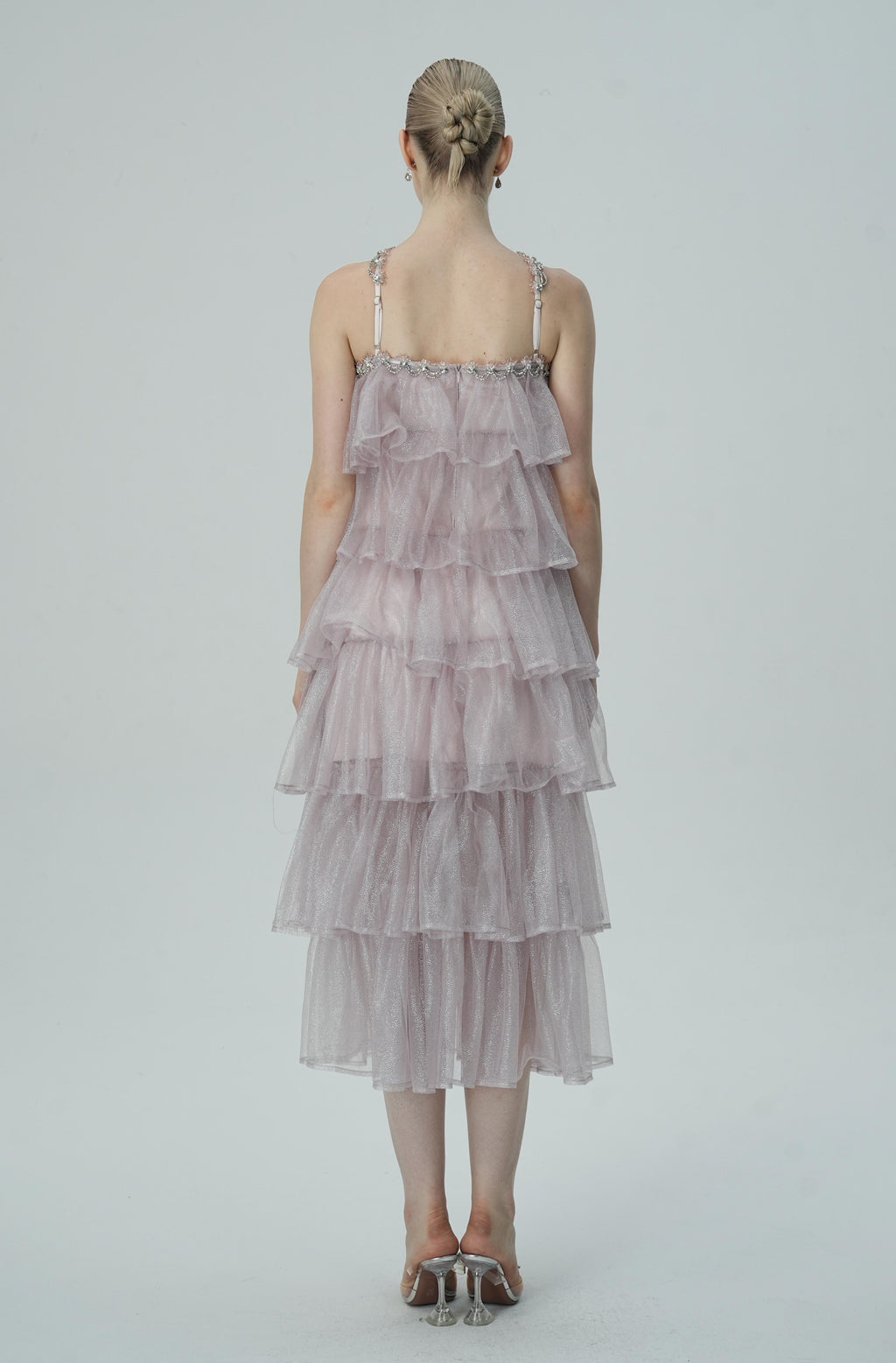 Flowering Girl Women Layered Ruffle Halter Dress with Sparkle Sheer Fabric