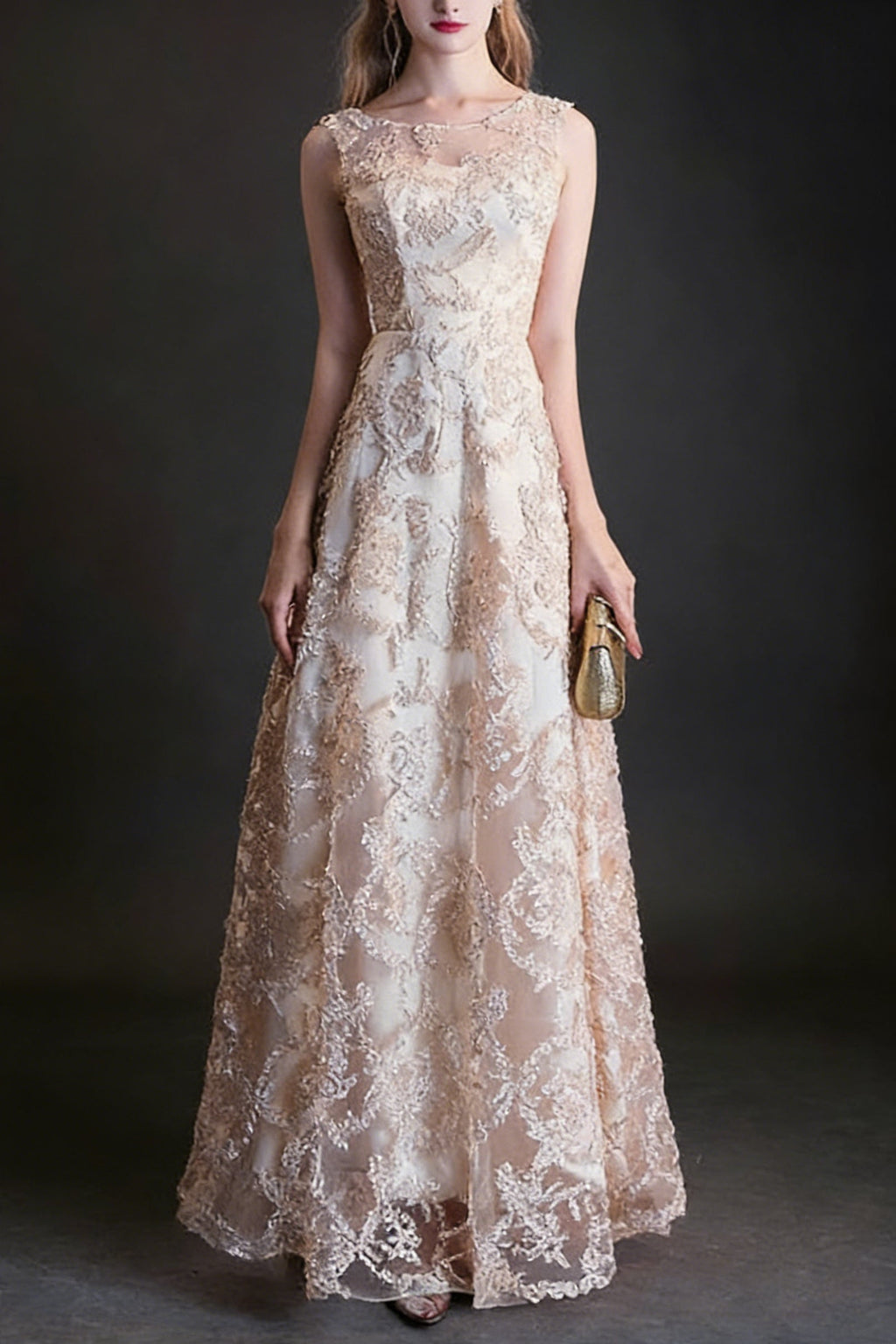 Queena Champagne elegant long evening gown suitable for banquets Maxi Dress