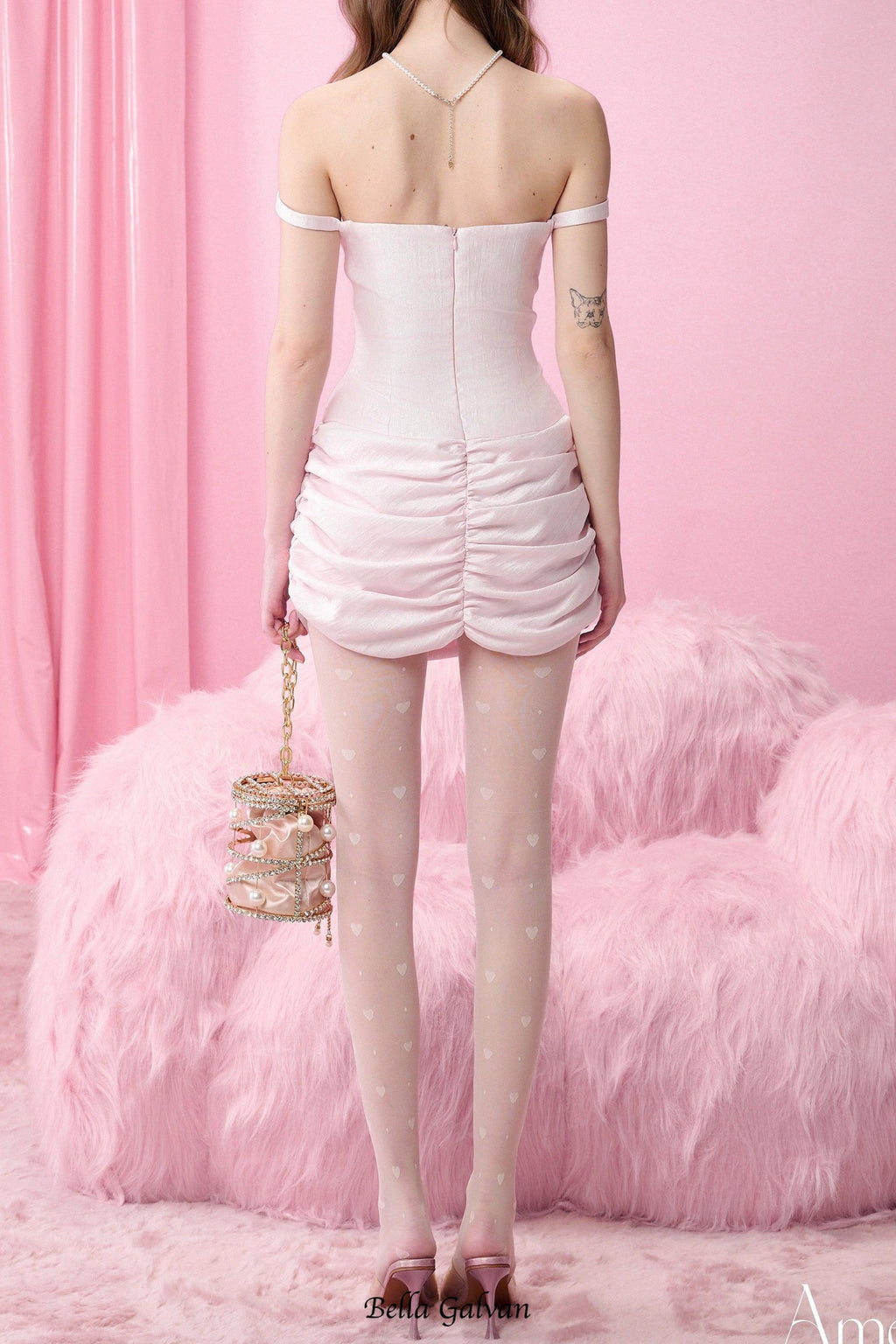 Pleated Flower Strapless Bodycon Mini Dress In Pink