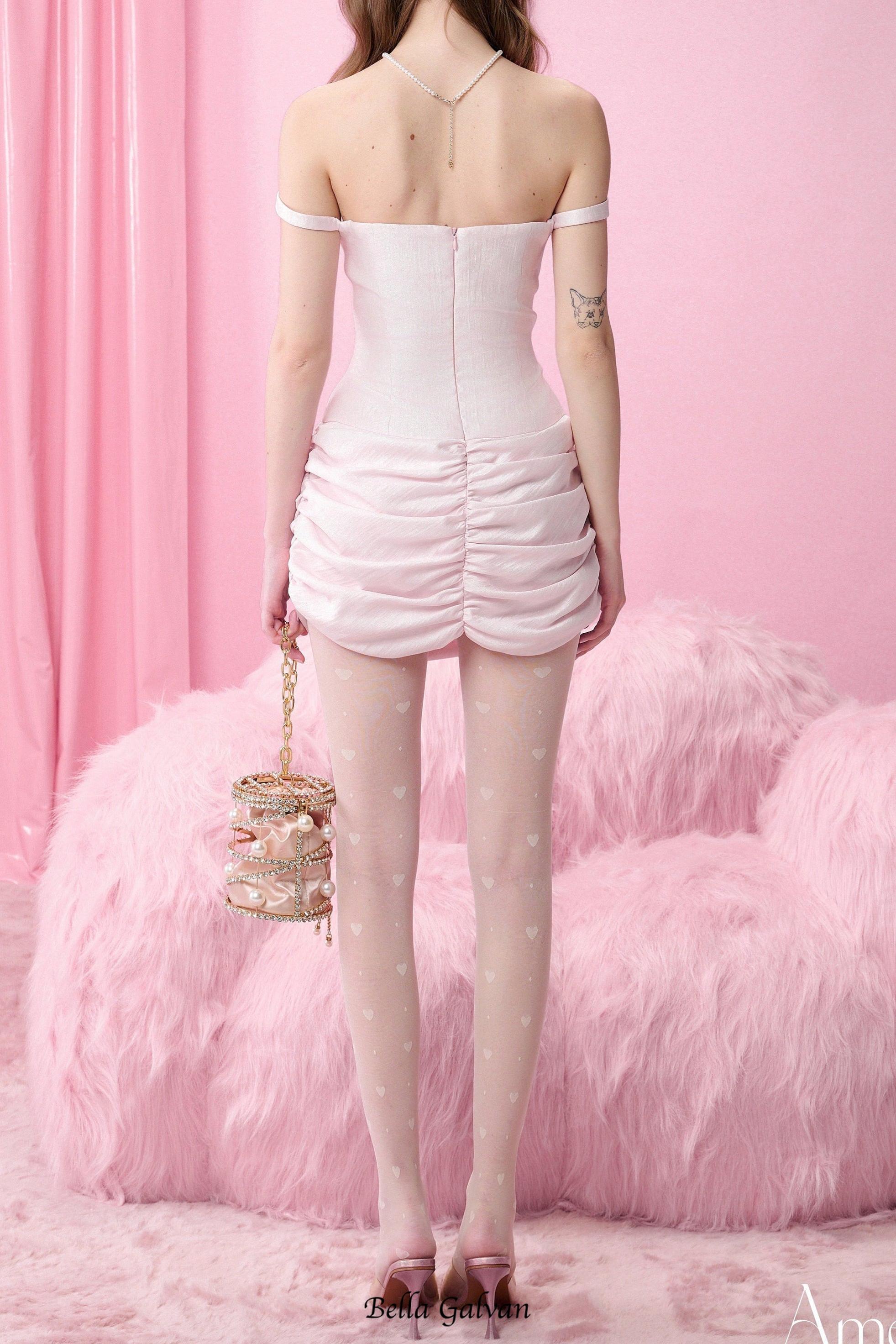 Pleated Flower Strapless Bodycon Mini Dress In Pink