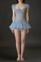Flowering Girl Women Lace Embroidery Puffy Mini Dress In Blue