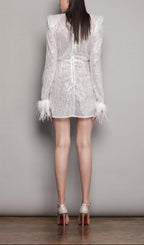 Flowering Girl Women Sequined Feather Mini Dress In White