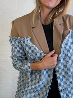 Flowering Girl Women two-tone Denim Checks Blazer in kahki