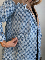 Flowering Girl Women two-tone Denim Checks Blazer in kahki