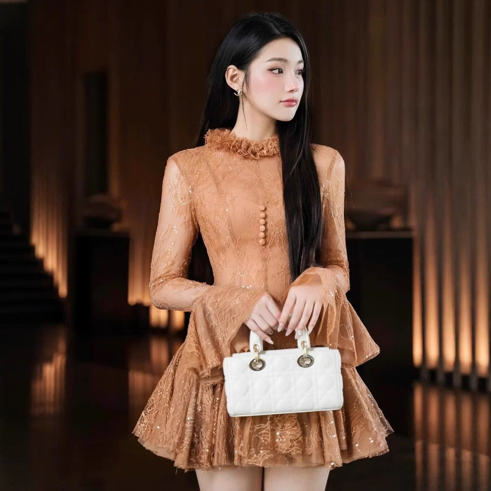 Embroidered Flared Long Sleeve Mini Dress