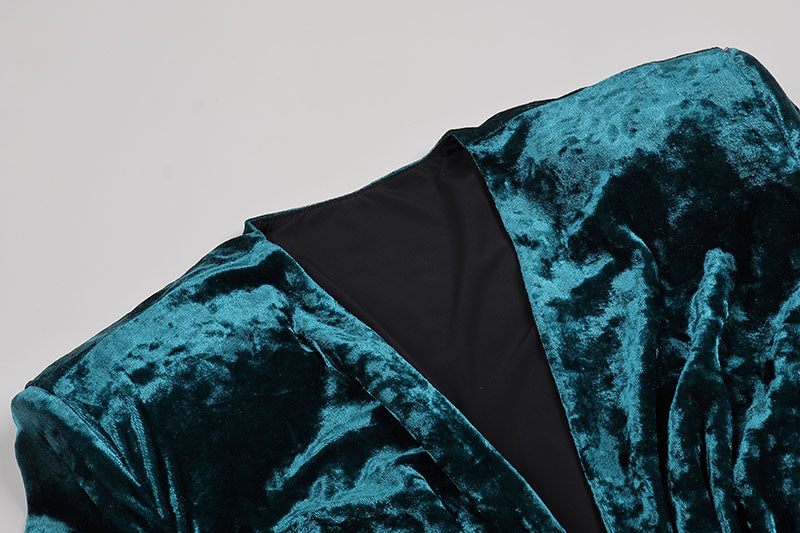 Flowering Girl Women Green V Neck Ruched Velvet Mini Dress