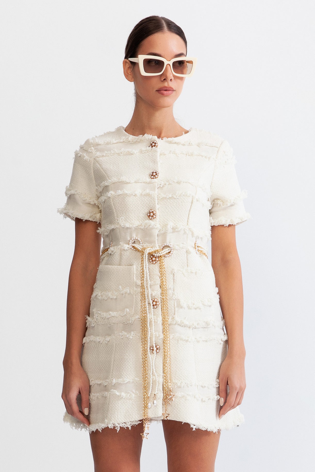 Flowering Girl Women marguerite Pearl Chain Tweed mini Dress - Beige