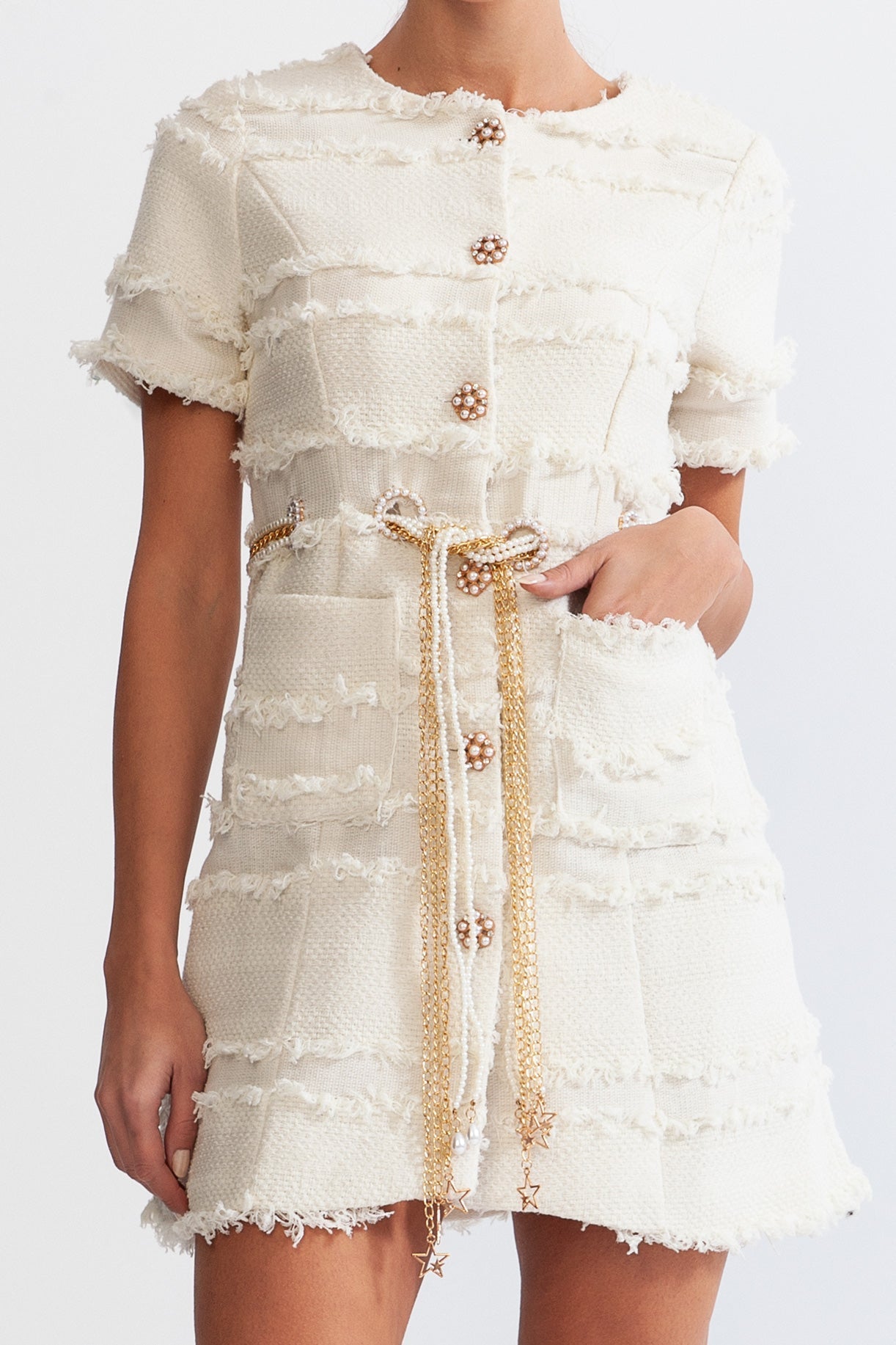Flowering Girl Women marguerite Pearl Chain Tweed mini Dress - Beige