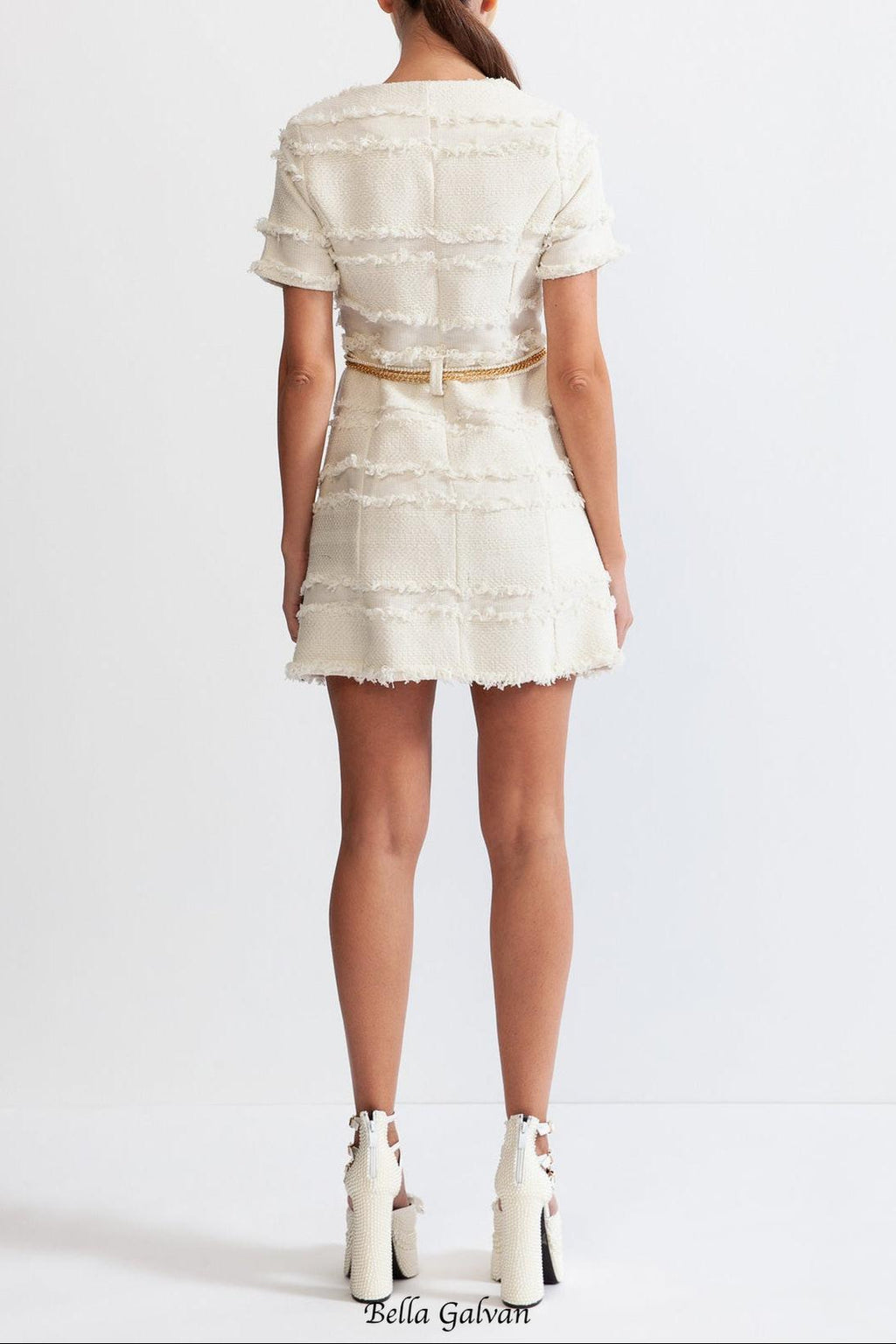 Flowering Girl Women marguerite Pearl Chain Tweed mini Dress - Beige