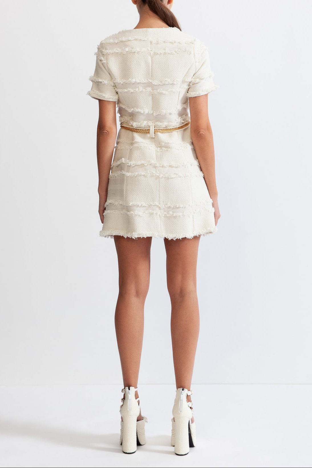 Marguerite Pearl Chain Tweed Mini Dress - Beige