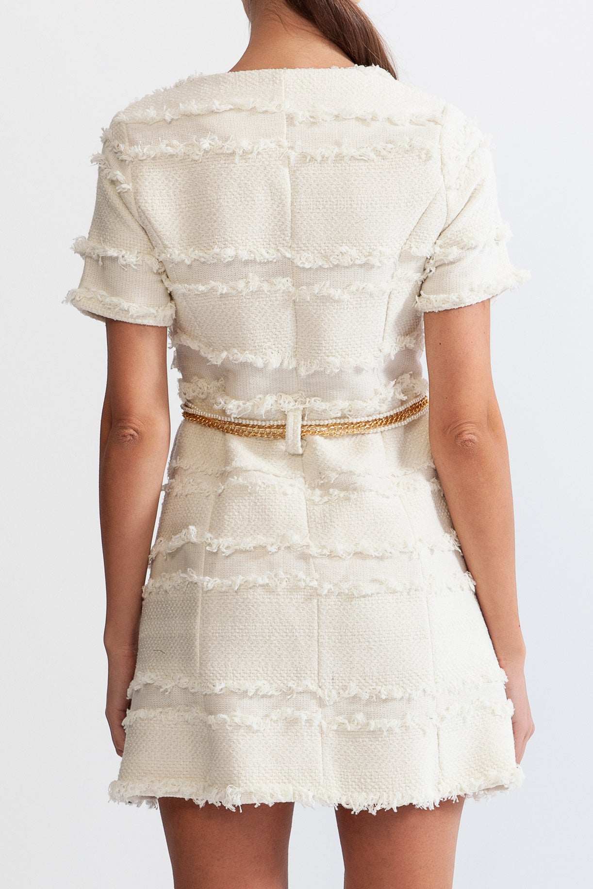 Flowering Girl Women marguerite Pearl Chain Tweed mini Dress - Beige
