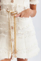 Flowering Girl Women marguerite Pearl Chain Tweed mini Dress - Beige