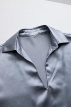 Silver Satin Blouse With Plunging V-Neck
