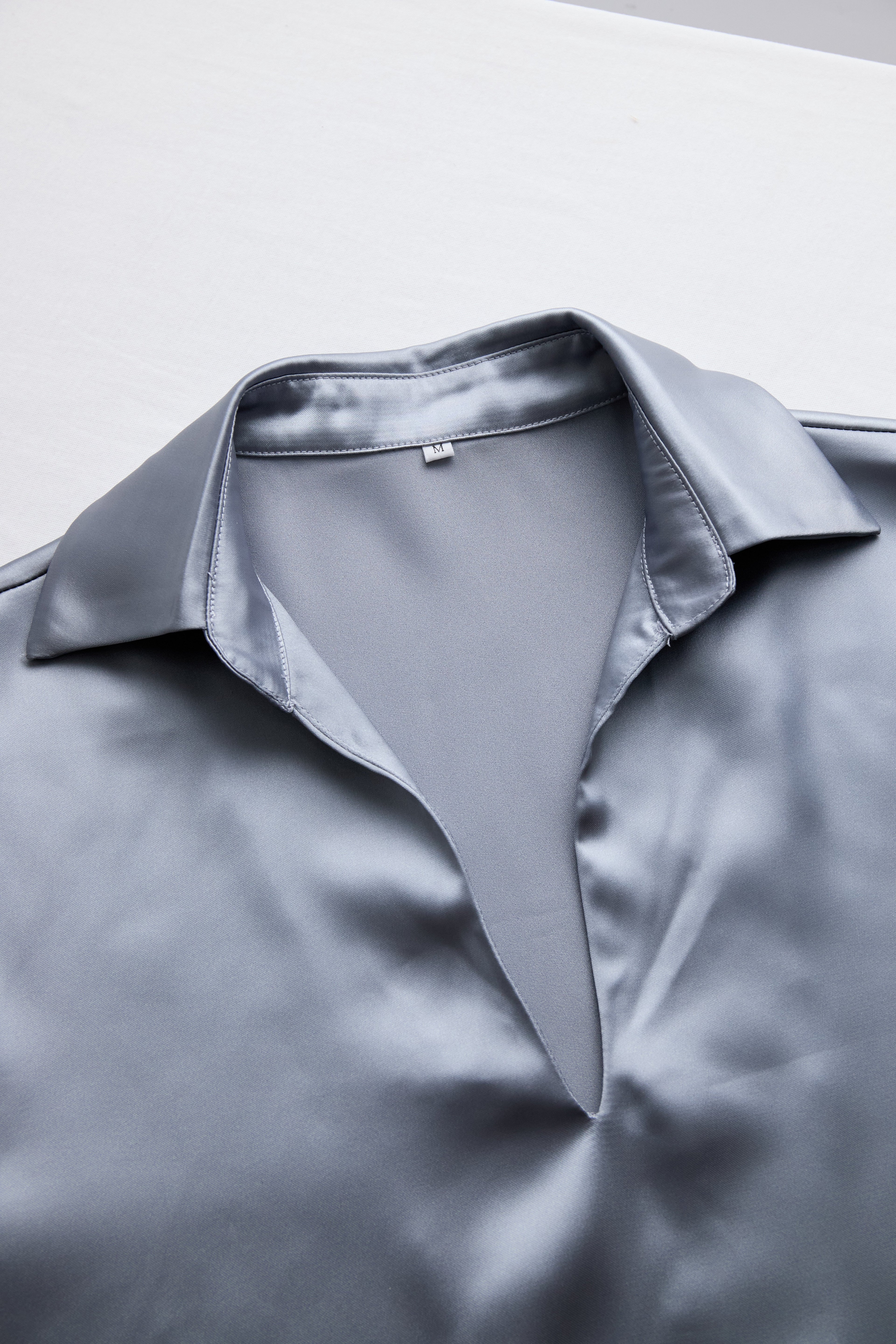 Silver Satin Blouse With Plunging V-Neck