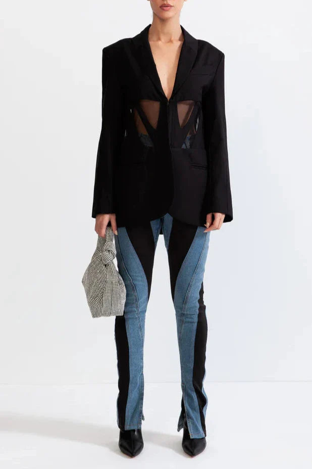 Flowering Girl Women Patchwork Blazer In Black