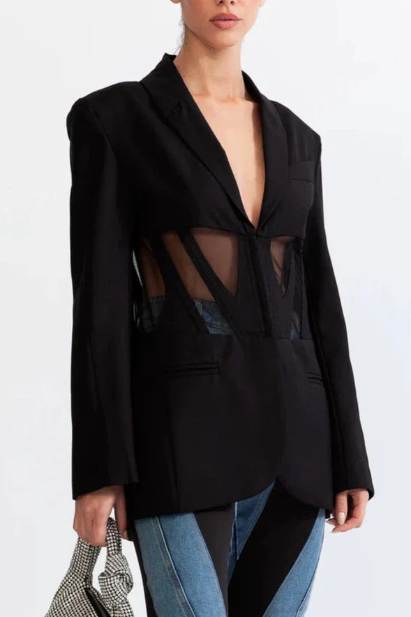 Flowering Girl Women Patchwork Blazer In Black
