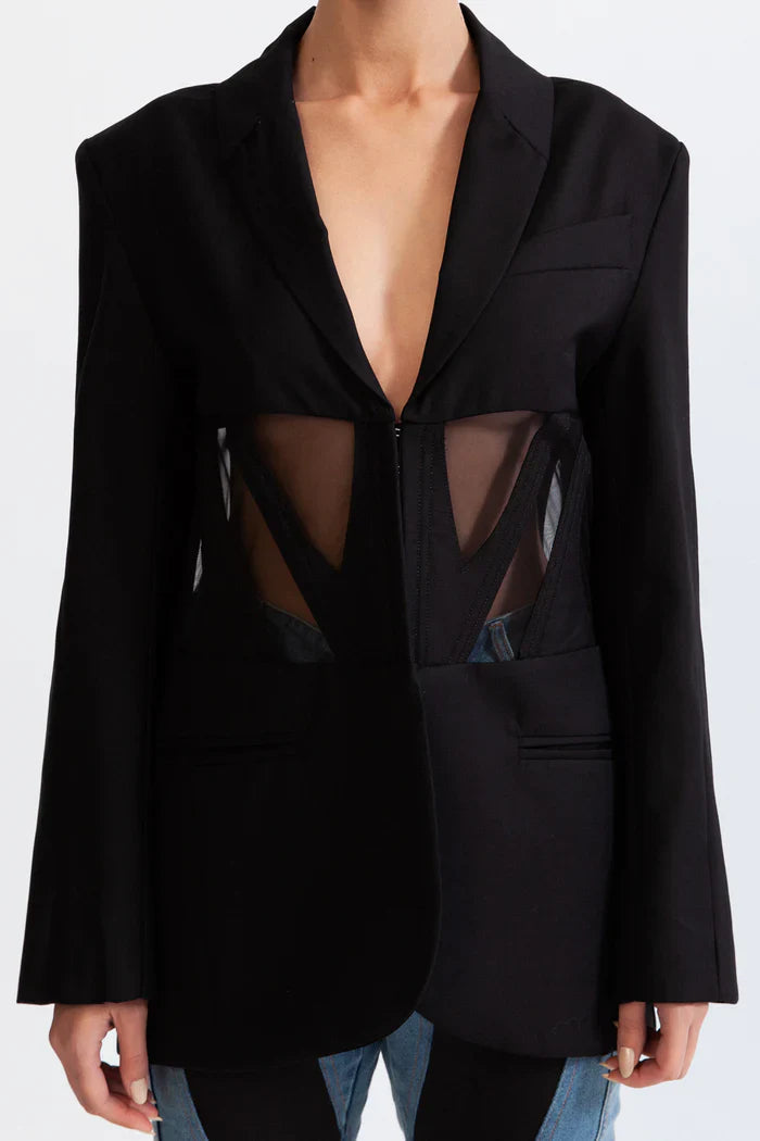 Flowering Girl Women Patchwork Blazer In Black