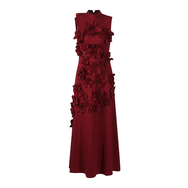 Flowering Girl Women Annona Red Flower Embellished Maxi Dress