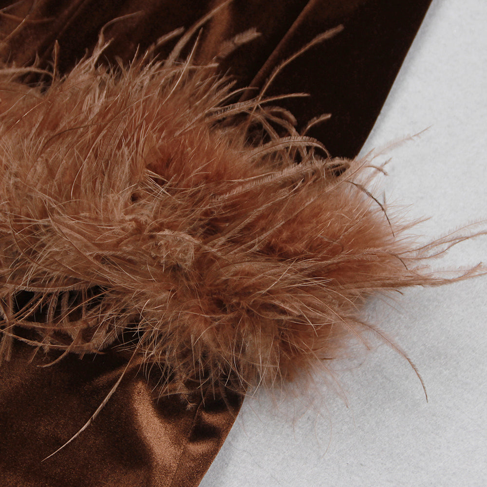Strapless Bustier Feather Hem Midi Velvet Dress Brown