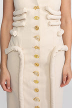 Flowering Girl Women Strapless Midi Dress With Sculptural Knotted Bodice Detail And Jewel Buttons - Cream