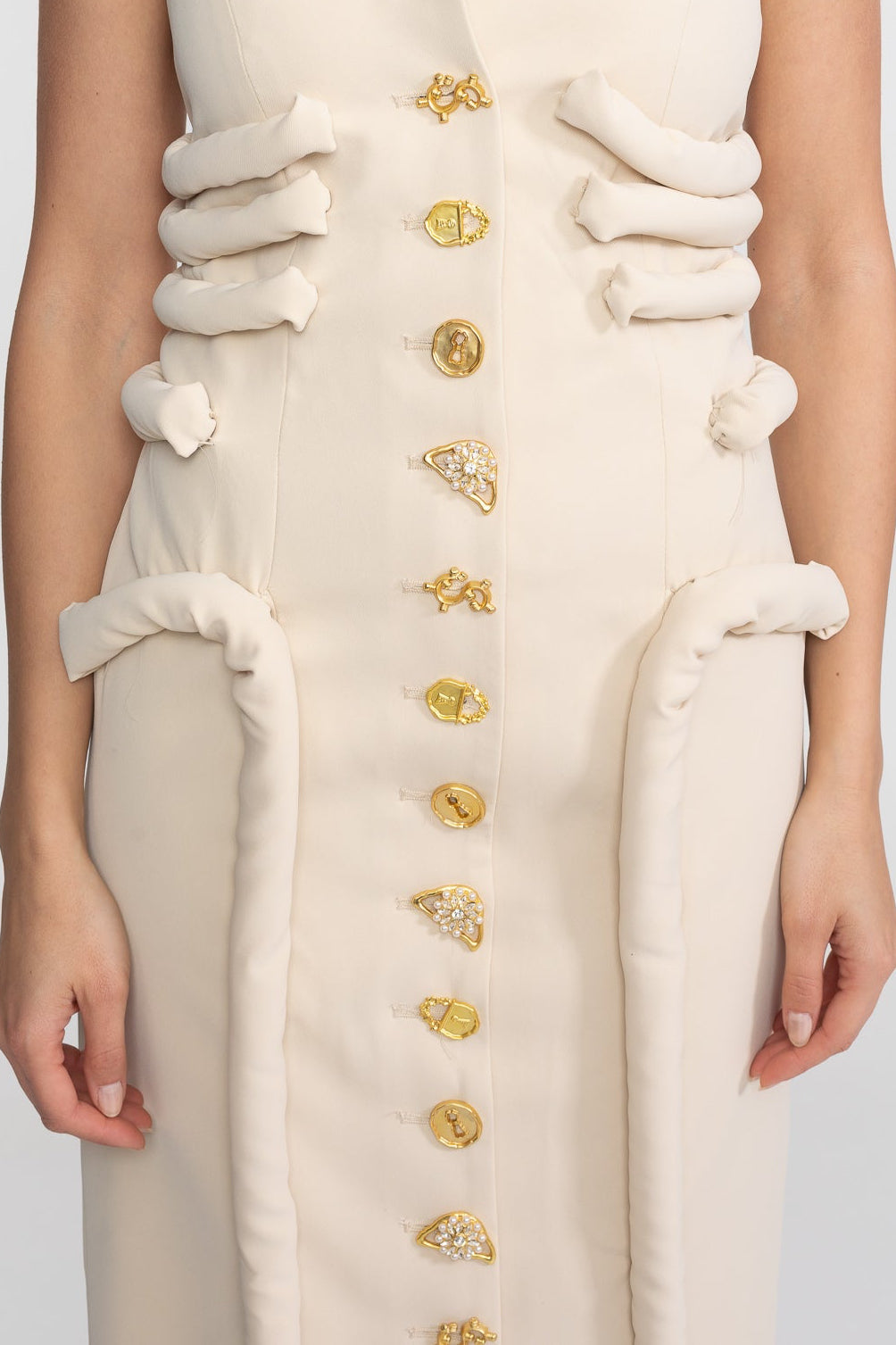 Flowering Girl Women Strapless Midi Dress With Sculptural Knotted Bodice Detail And Jewel Buttons - Cream
