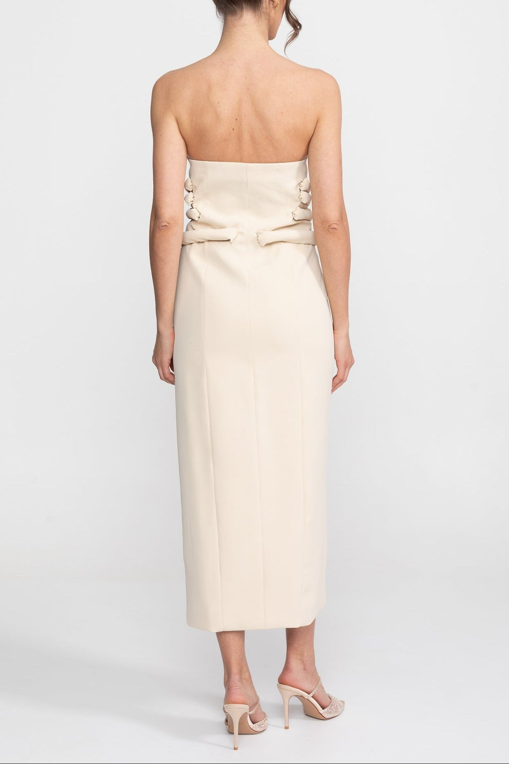 Flowering Girl Women Strapless Midi Dress With Sculptural Knotted Bodice Detail And Jewel Buttons - Cream