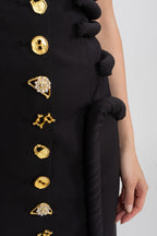 Flowering Girl Women Black Midi Dress With Sculptural Knotted Bodice Detail And Jewel Buttons - Black