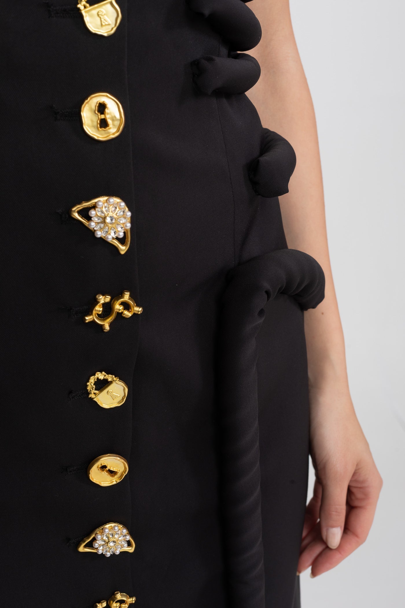 Flowering Girl Women Black Midi Dress With Sculptural Knotted Bodice Detail And Jewel Buttons - Black