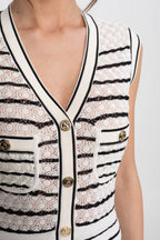 Flowering Girl Women Striped Sleeveless Knit Midi Dress With V-Neck And Gold Buttons - White/Black